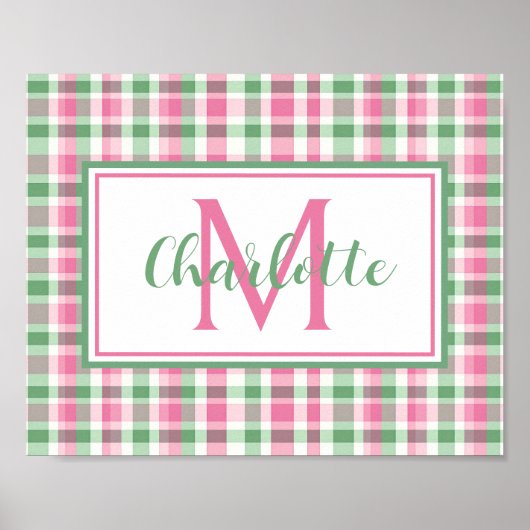 Preppy Roze en Groen Geruit Monogram Poster (Voorkant)