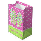 Preppy Roze en Groen Gestreept Bow Polka Dot Medium Cadeauzakje (Voorkant Gekanteld)
