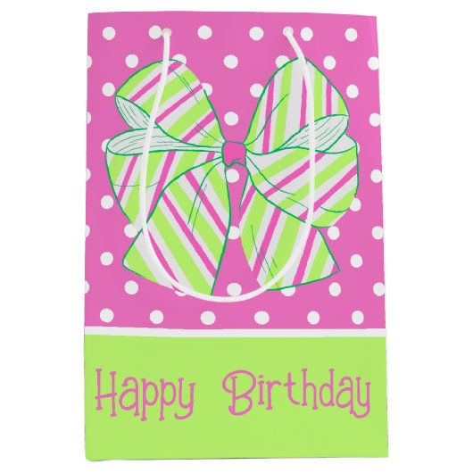 Preppy Roze en Groen Gestreept Bow Polka Dot Medium Cadeauzakje (Voorkant)