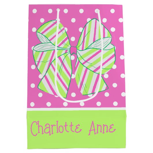 Preppy Roze en Groen Gestreept Bow Polka Dot Medium Cadeauzakje (Achterkant)