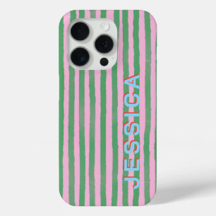 Preppy Roze en Groen Gestreepte Aangepaste Naam iPhone 15 Pro Case