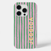 Preppy Roze en Groen Gestreepte Aangepaste Naam Case-Mate iPhone Case (Achterkant)