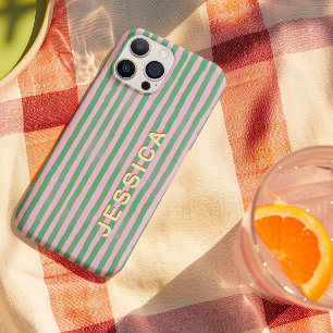 Preppy Roze en Groen Gestreepte Aangepaste Naam iPhone 15 Pro Case