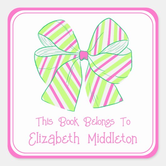 Preppy Roze en Groen Gestreepte Bow Bookplate Vierkante Sticker (Voorkant)