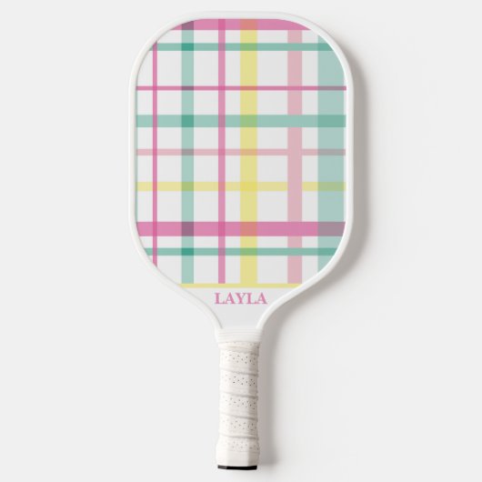 Preppy Roze en Groen Groot geruite Pickleball Paddle (Achterkant)