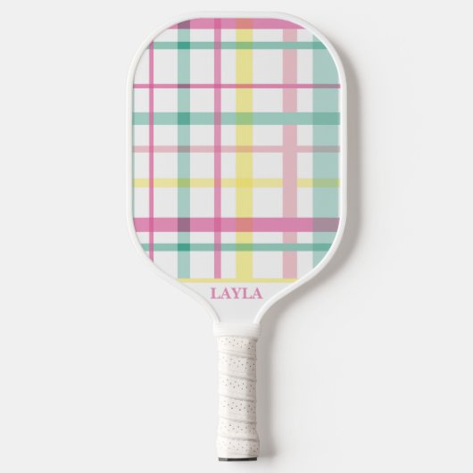 Preppy Roze en Groen Groot geruite Pickleball Paddle (Voorkant)