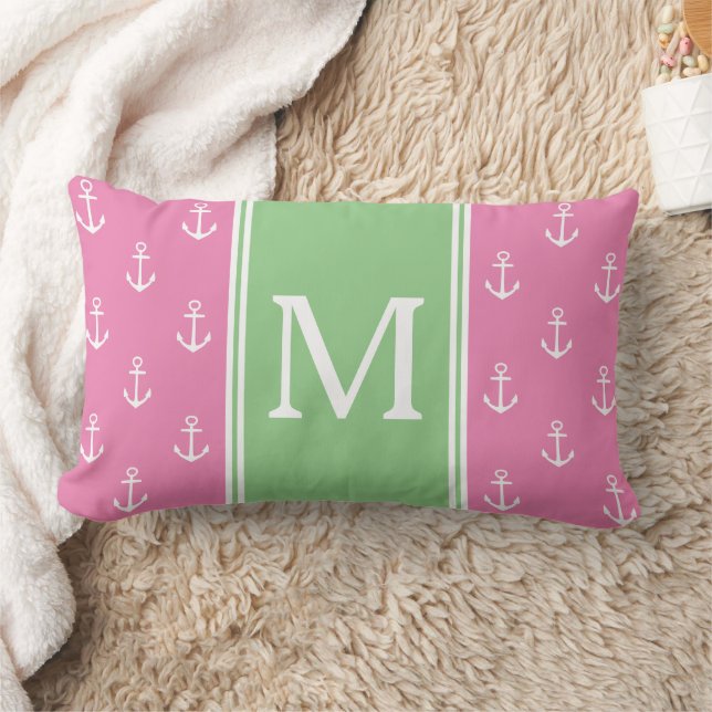 Preppy Roze en Groen Met Witte Anker Monogram Kussen (Deken)