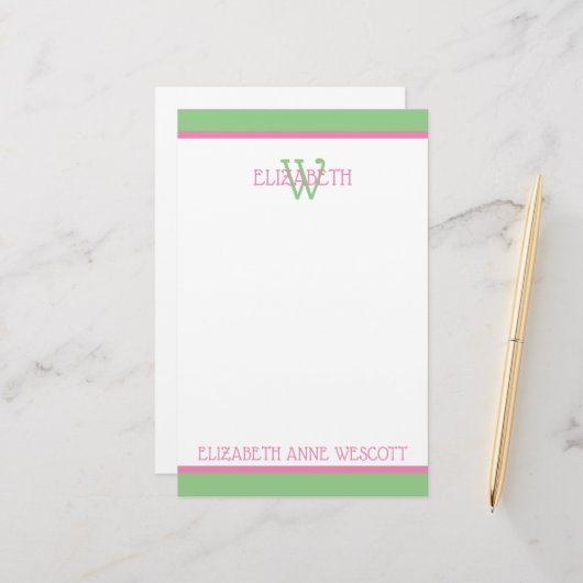 Preppy Roze en Groen Monogram Briefpapier (Voorkant / Achterkant in situ)