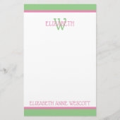 Preppy Roze en Groen Monogram Briefpapier (Voorkant)