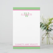 Preppy Roze en Groen Monogram Briefpapier (Staand voorkant)