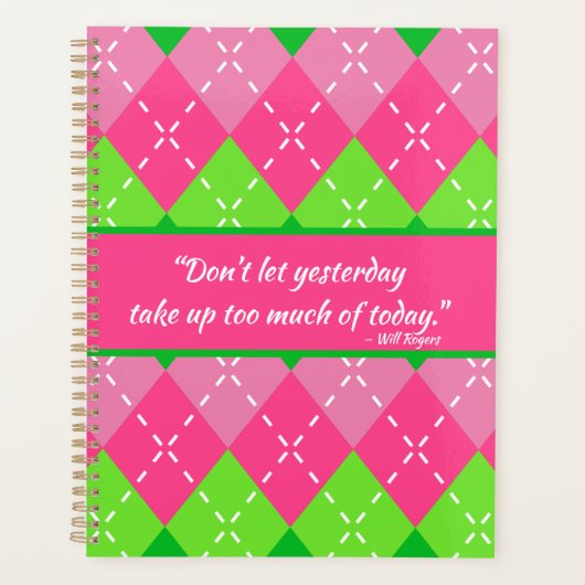 Preppy Roze en Groene Argyle met Wit Stikkend Planner (Voorkant)