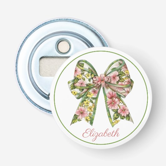 Preppy Roze en Groene Bloemenslint Gepersonaliseer Button Flesopener (Voorkant)