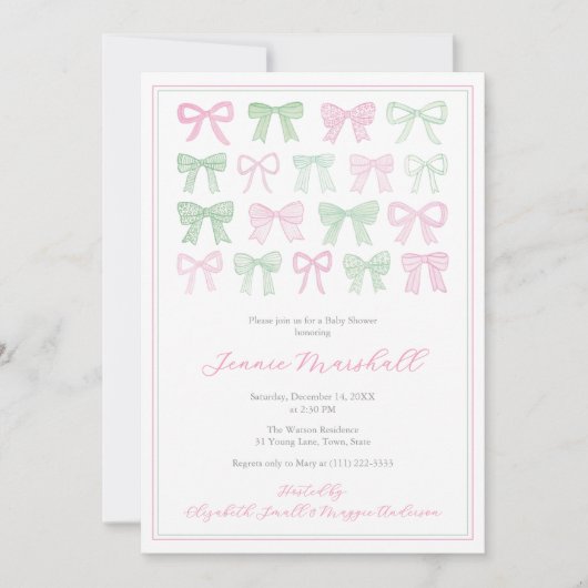 Preppy Roze en Groene Bogen Baby Meisje Douche Kaart (Voorkant)