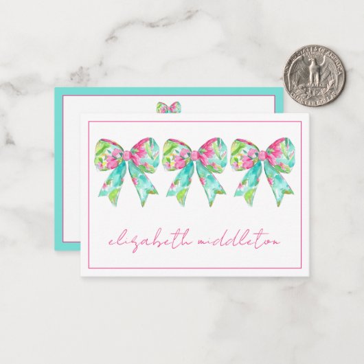 Preppy roze en groene bogen gepersonaliseerd notitiekaartje (Voorkant / Achterkant in situ)