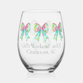 Preppy roze en groene bogen gepersonaliseerd wijnglas zonder voet (Achterkant)