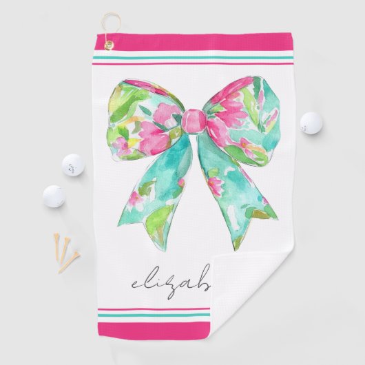 Preppy roze en groene boog gepersonaliseerd golfhanddoek (Insitu)