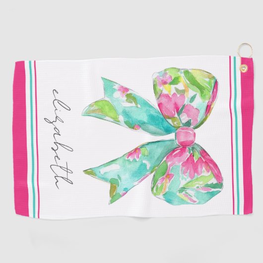 Preppy roze en groene boog gepersonaliseerd golfhanddoek (Horizontaal)