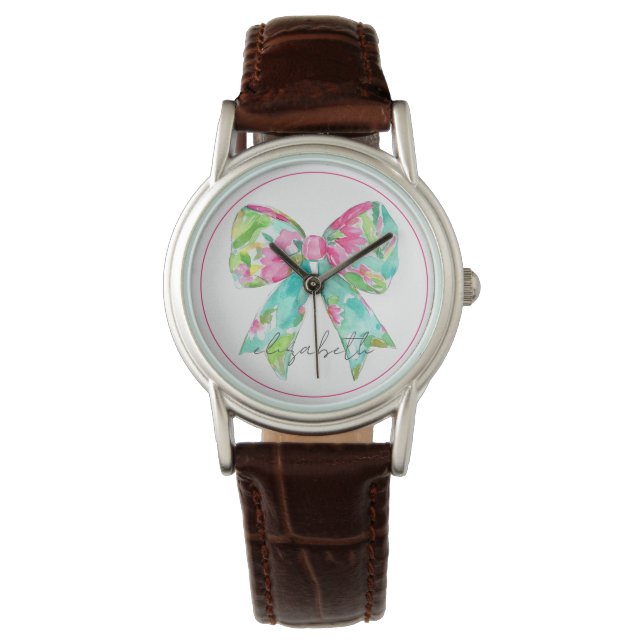 Preppy roze en groene boog gepersonaliseerd horloge (Voorkant)