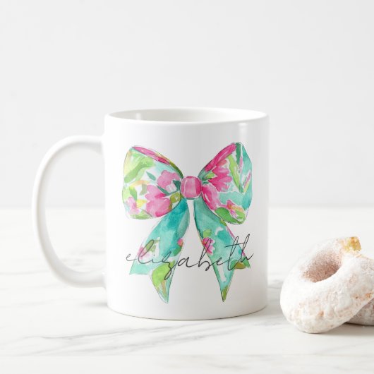 Preppy roze en groene boog gepersonaliseerd koffiemok (Met donut)