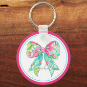 Preppy roze en groene boog gepersonaliseerd sleutelhanger (Voorkant)