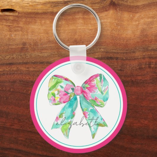 Preppy roze en groene boog gepersonaliseerd sleutelhanger (Voorkant)