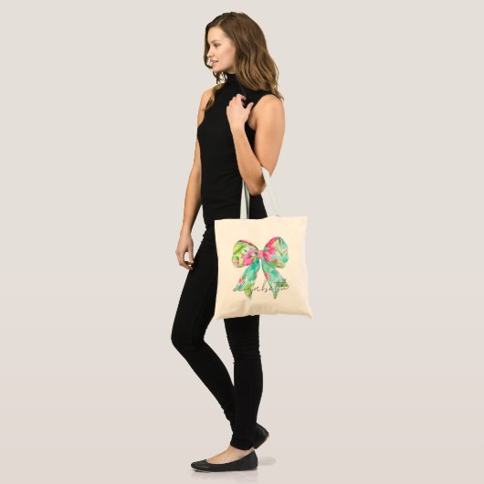 Preppy roze en groene boog gepersonaliseerd tote bag (Voorkant (model))