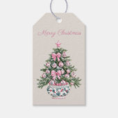 Preppy Roze en Groene Chinoiserie Kerstboom Cadeaulabel (Voorkant)