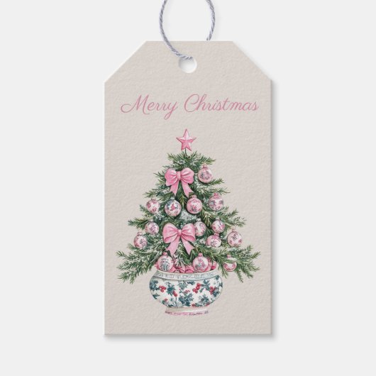 Preppy Roze en Groene Chinoiserie Kerstboom Cadeaulabel (Voorkant)
