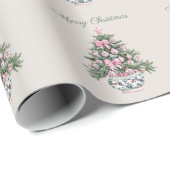 Preppy Roze en Groene Chinoiserie Kerstboom Cadeaupapier (Rol Hoek)