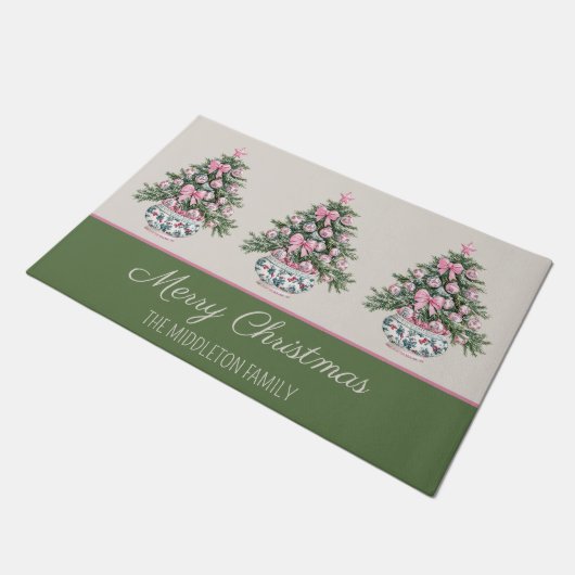 Preppy Roze en Groene Chinoiserie Kerstboom Deurmat (Schuin)