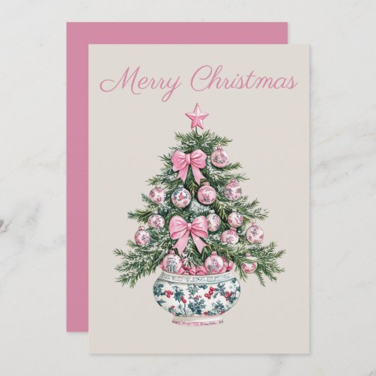 Preppy Roze en Groene Chinoiserie Kerstboom Feestdagenkaart (Voorkant / Achterkant)