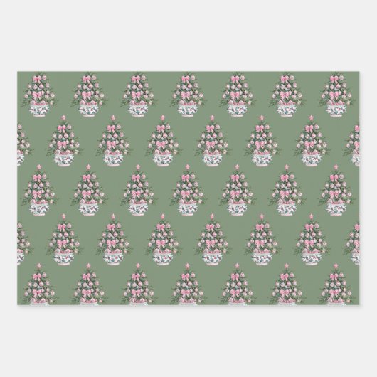 Preppy Roze en Groene Chinoiserie Kerstboom Inpakpapier Vel (Voorkant 3)