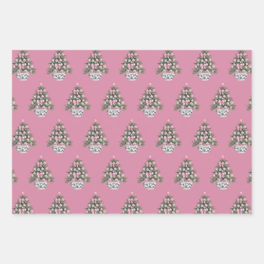 Preppy Roze en Groene Chinoiserie Kerstboom Inpakpapier Vel (Voorkant 2)