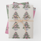 Preppy Roze en Groene Chinoiserie Kerstboom Inpakpapier Vel (In situ)