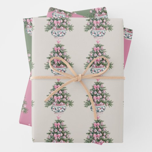 Preppy Roze en Groene Chinoiserie Kerstboom Inpakpapier Vel (In situ)