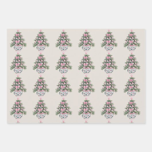 Preppy Roze en Groene Chinoiserie Kerstboom Inpakpapier Vel (Voorkant)