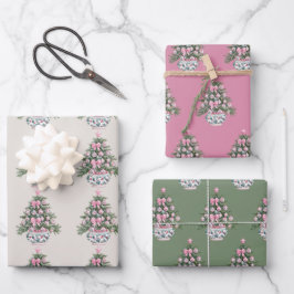 Preppy Roze en Groene Chinoiserie Kerstboom Inpakpapier Vel