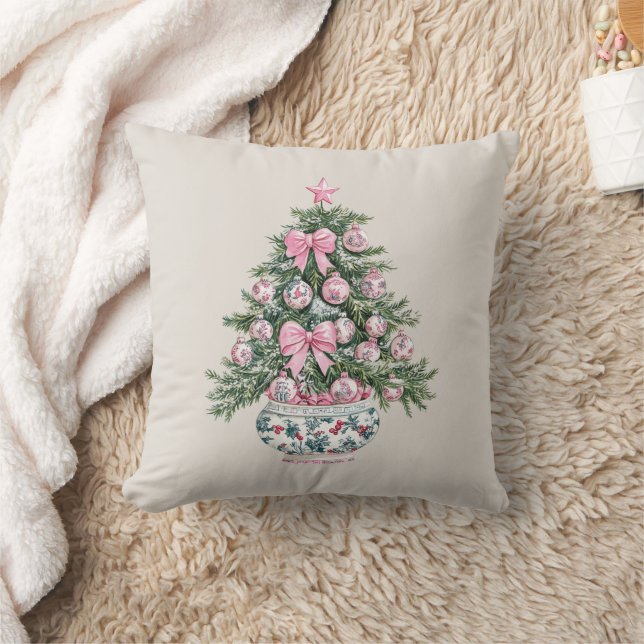 Preppy Roze en Groene Chinoiserie Kerstboom Kussen (Deken)