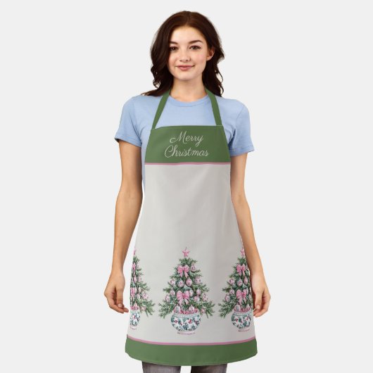 Preppy Roze en Groene Chinoiserie Kerstboom Schort (Gedragen)