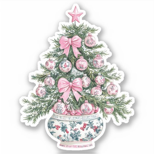 Preppy Roze en Groene Chinoiserie Kerstboom Sticker (Voorkant)