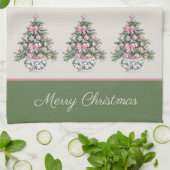 Preppy Roze en Groene Chinoiserie Kerstboom Theedoek (Gevouwen)