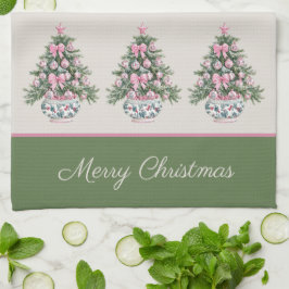Preppy Roze en Groene Chinoiserie Kerstboom Theedoek