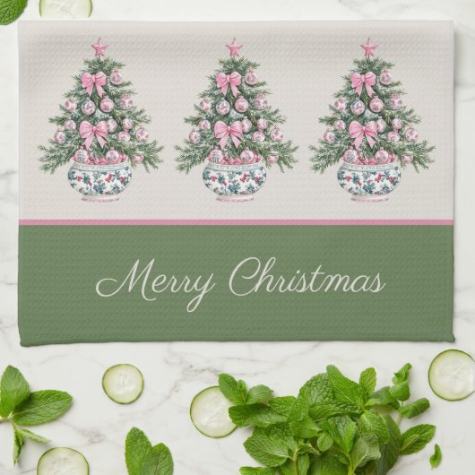 Preppy Roze en Groene Chinoiserie Kerstboom Theedoek (Gevouwen)