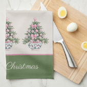 Preppy Roze en Groene Chinoiserie Kerstboom Theedoek (Quarter Fold)