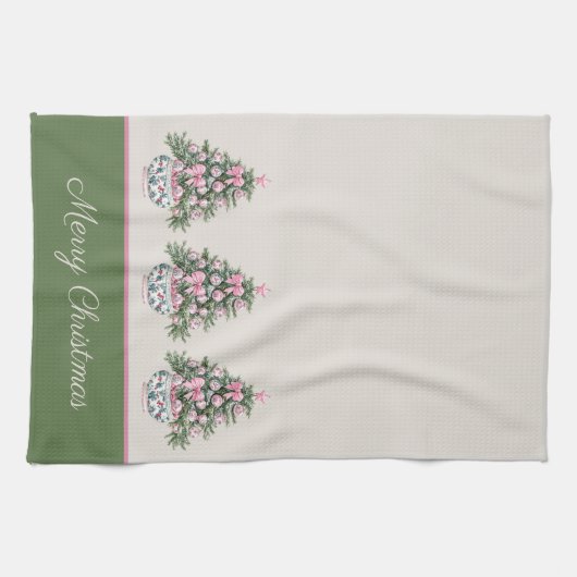 Preppy Roze en Groene Chinoiserie Kerstboom Theedoek (Horizontaal)