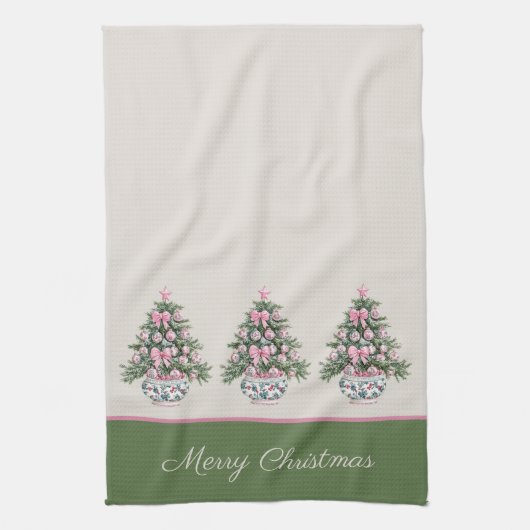 Preppy Roze en Groene Chinoiserie Kerstboom Theedoek (Verticaal)