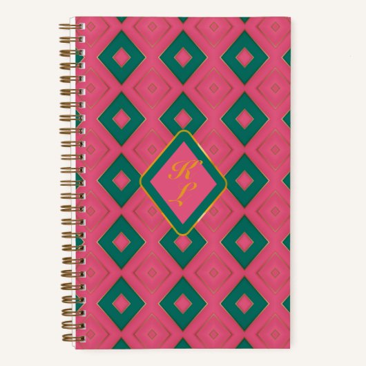 Preppy Roze en Groene Diamant Motief Monogrammed Notitieboek (Voorkant)