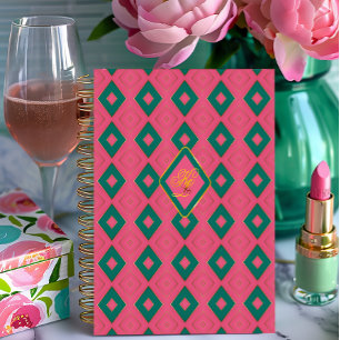 Preppy Roze en Groene Diamant Motief Monogrammed Notitieboek