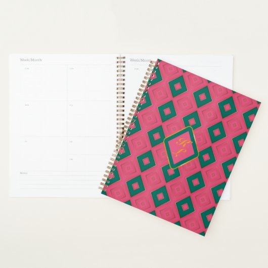 Preppy Roze en Groene Diamant Motief Monogrammed Planner (Display)