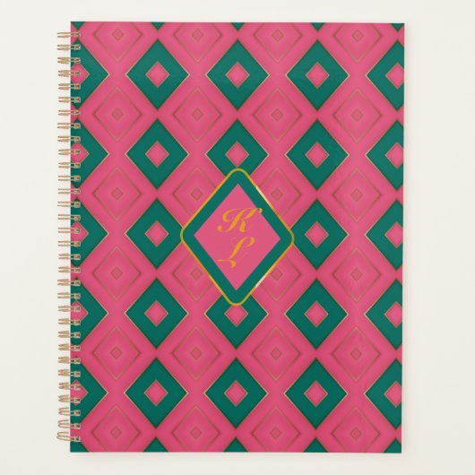 Preppy Roze en Groene Diamant Motief Monogrammed Planner (Voorkant)